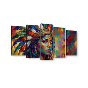 A five-panel canvas wall art set depicting a colorful portrait of a woman wearing a feathered headdress, shown against a plain white background.