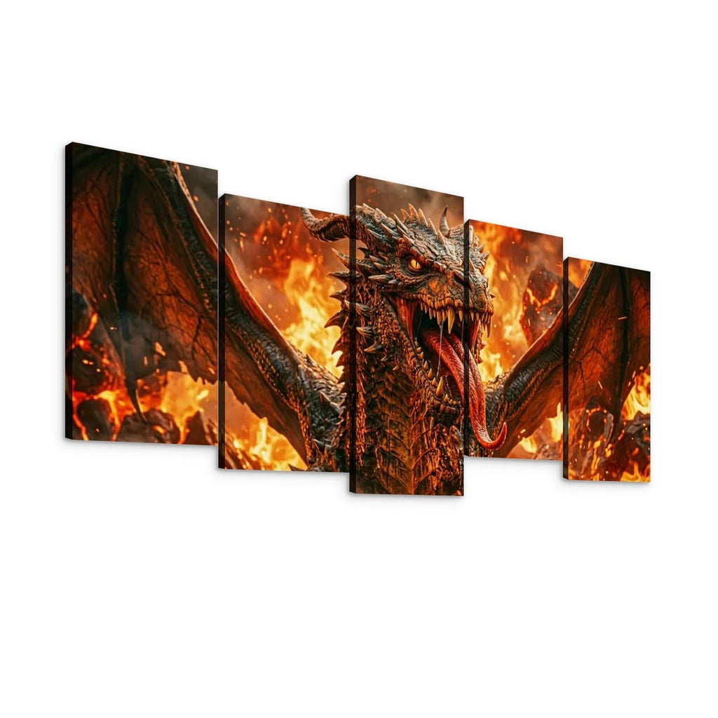 A five-panel canvas wall art set depicting a dramatic fantasy dragon surrounded by flames, shown against a plain white background.