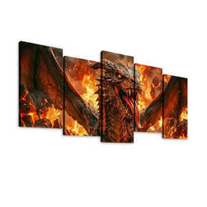 A five-panel canvas wall art set depicting a dramatic fantasy dragon surrounded by flames, shown against a plain white background.