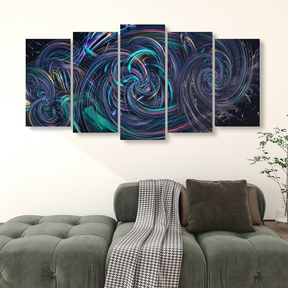 A 4-panel canvas wall art set featuring an abstract cosmic swirl design in vibrant teal, purple, and blue tones, displayed on a wall above a green sofa.