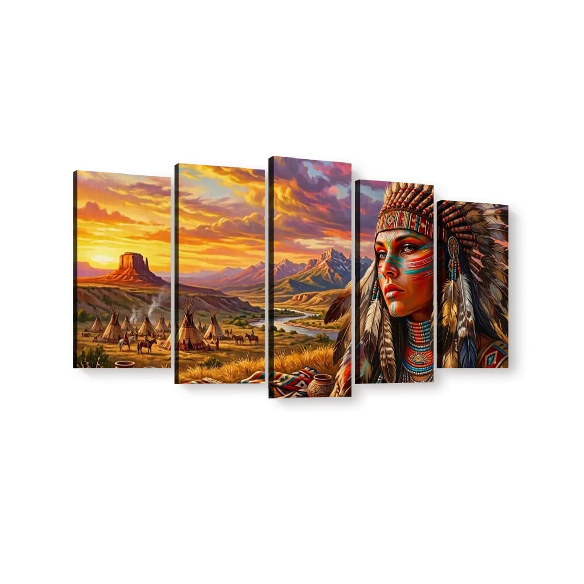 Native American Woman at Sunset | 1, 3, 5 Panel Canvas Wall Art