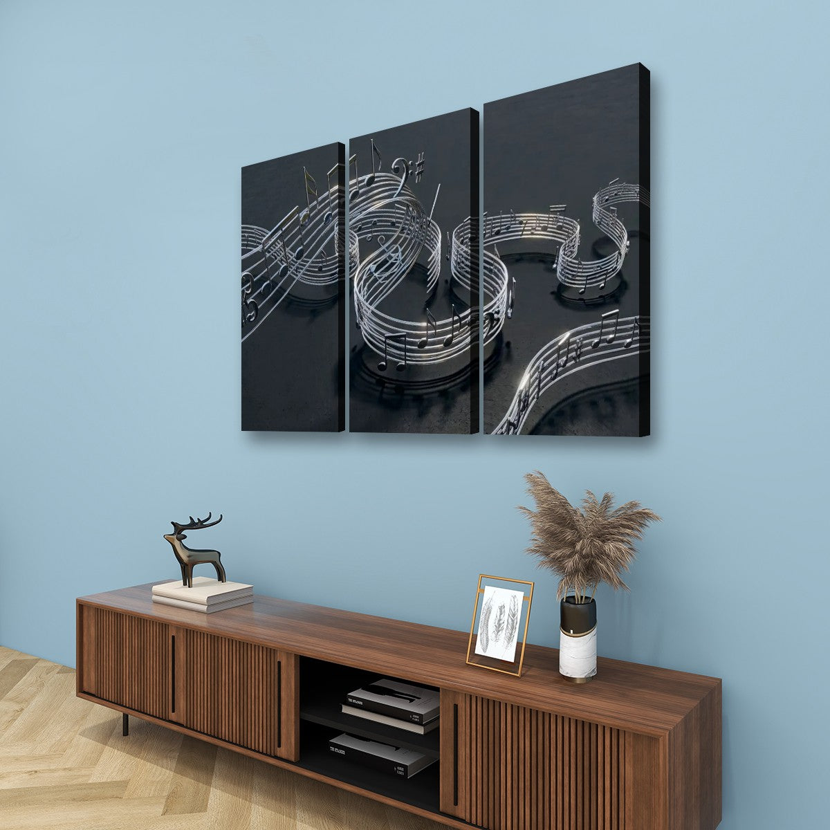 Chrome Musical Notes & Ribbon Split Canvas Panel Wall Art Decor
