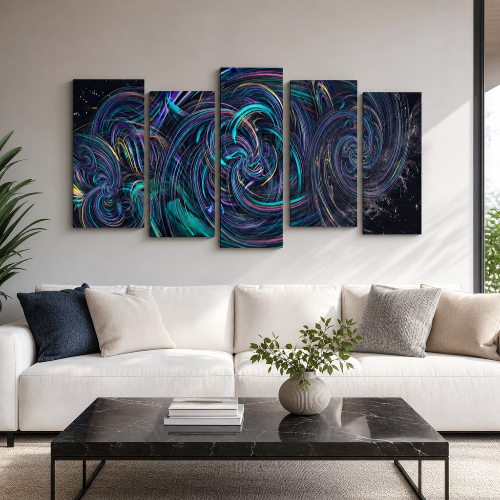 A 5-panel canvas wall art set featuring an abstract swirling cosmic design in vibrant blue, purple, and teal on a black background, displayed above a modern white sofa in a living room setting.