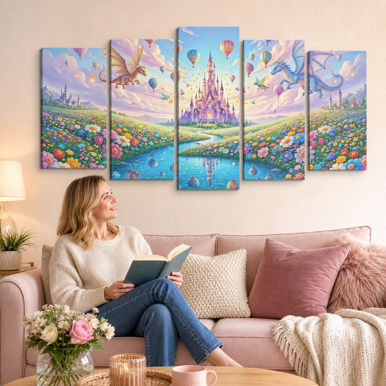 Magical Castle Hot Air Balloons & Dragons Canvas Wall Art | 1, 3 & 5 Panel Kids Fantasy Print