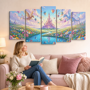 Magical Castle Hot Air Balloons & Dragons Canvas Wall Art | 1, 3 & 5 Panel Kids Fantasy Print