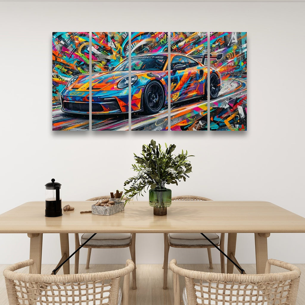 A colorful abstract multi-panel canvas wall art print depicting a 911 GT3 sports car, displayed above a wooden dining table with chairs in a modern room setting.