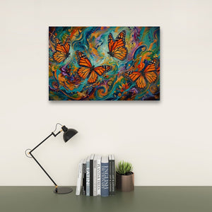 A colorful wall art print depicting four orange monarch butterflies over swirling teal, blue, purple, and gold abstract waves, displayed on a light beige wall above a desk with a black lamp, books, and a small succulent.