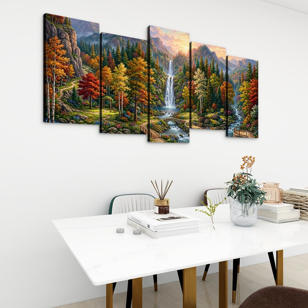 Waterfall Landscape Mountain Multi-Color Scene 5-Panel Canvas Wall Art