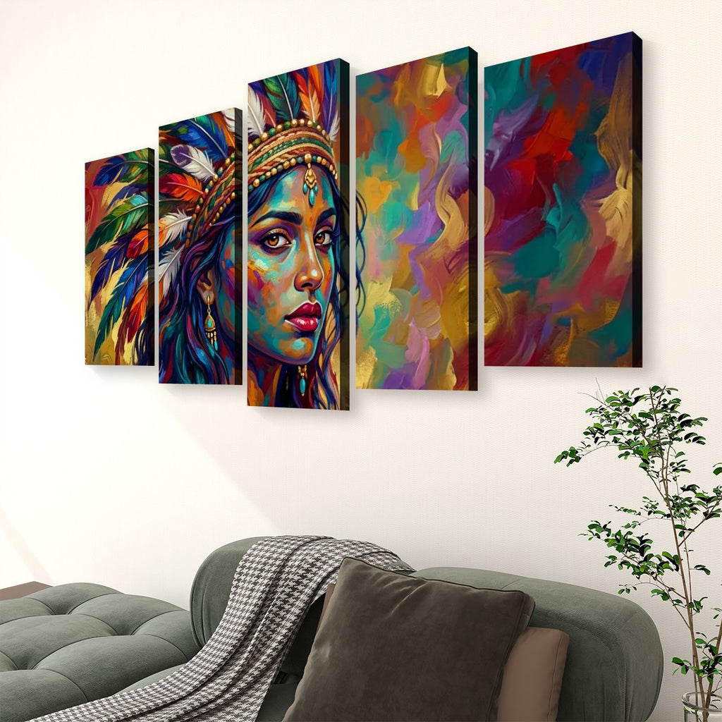 A five-panel canvas wall art set depicting a colorful portrait of a woman with a feathered headdress, displayed above a green sofa in a living room setting.