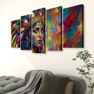 A five-panel canvas wall art set depicting a colorful portrait of a woman with a feathered headdress, displayed above a green sofa in a living room setting.
