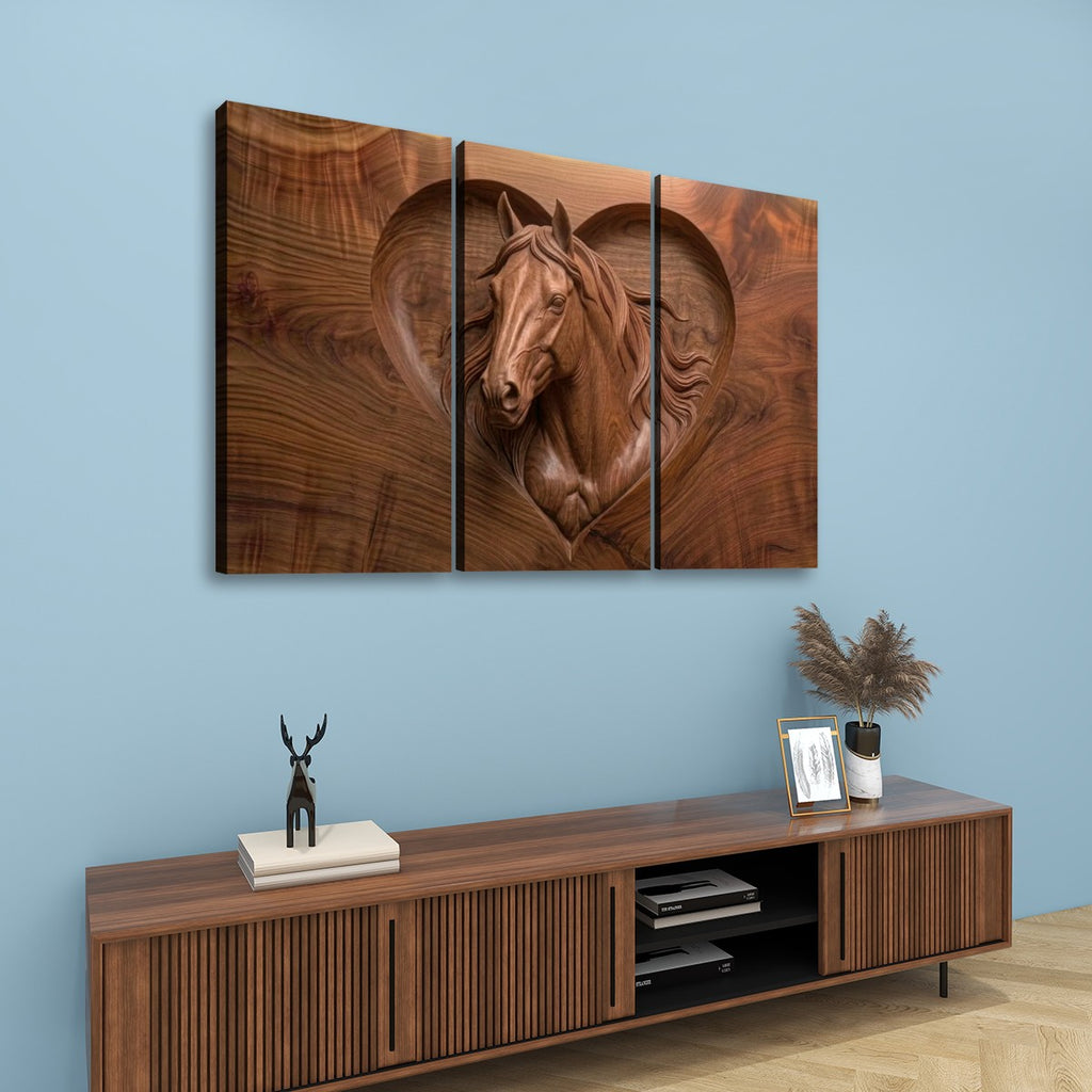 Wood Sculpture Horse Head with Heart 5-Panel Canvas Wall Art