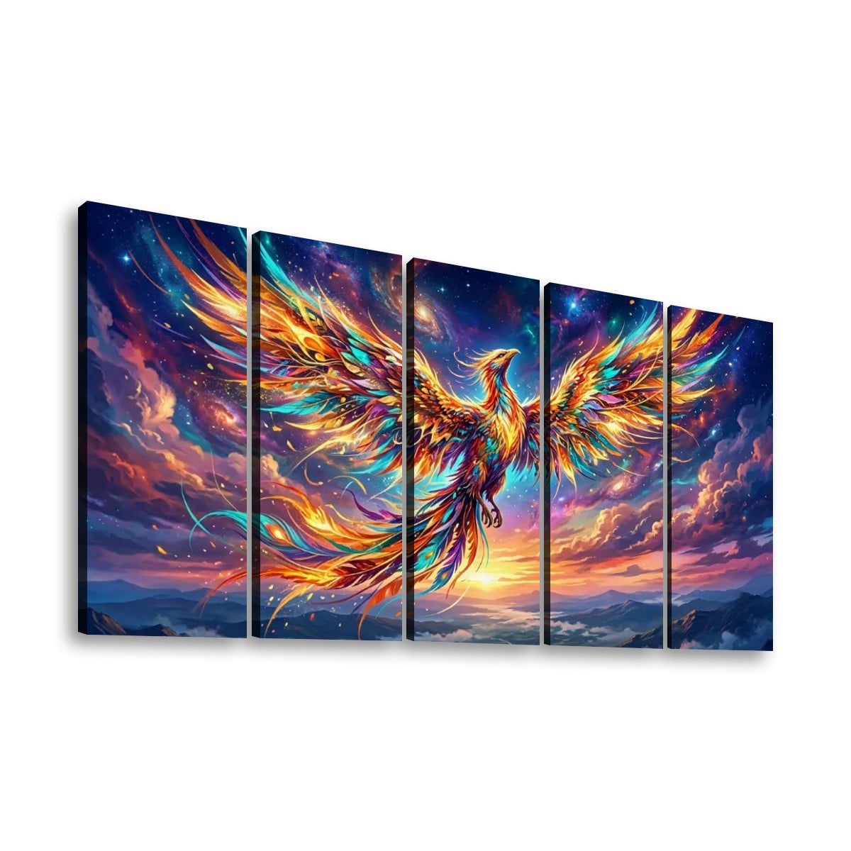 A five-panel canvas wall art set depicting a vibrant, colorful phoenix rising against a dramatic cosmic sky with mountains in the distance.