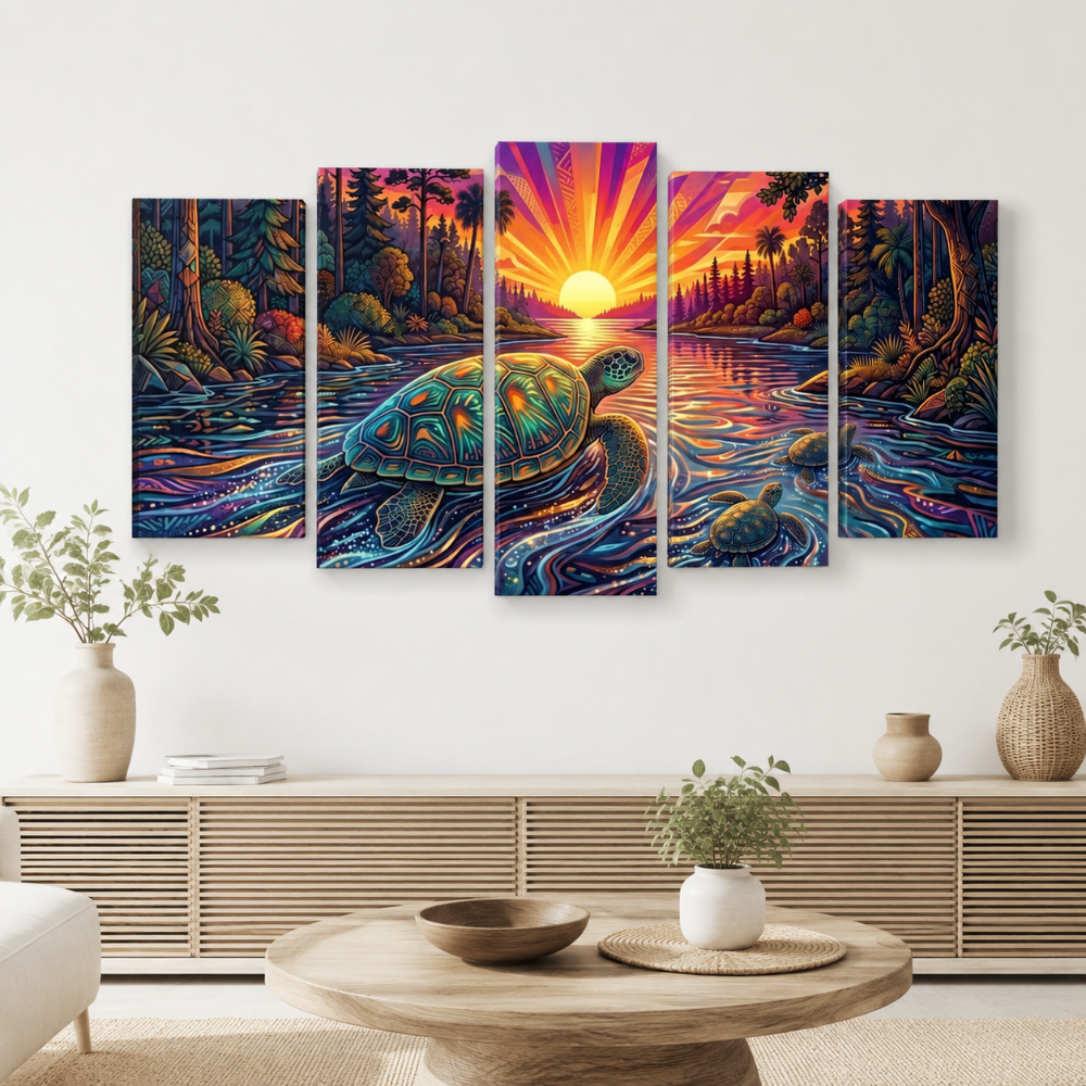 A five-panel canvas wall art set depicting a colorful sunset over a river with sea turtles, displayed on a white wall above a wooden console table in a modern living room setting.
