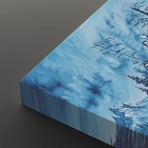A close-up of a square canvas print showing a snowy blue winter landscape with dark tree branches and a dark gray background.