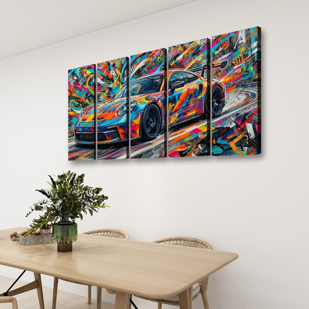 A four-panel canvas wall art set depicting a colorful, abstract 911 GT3 sports car, displayed on a white wall above a light wood dining table with chairs and a green plant.
