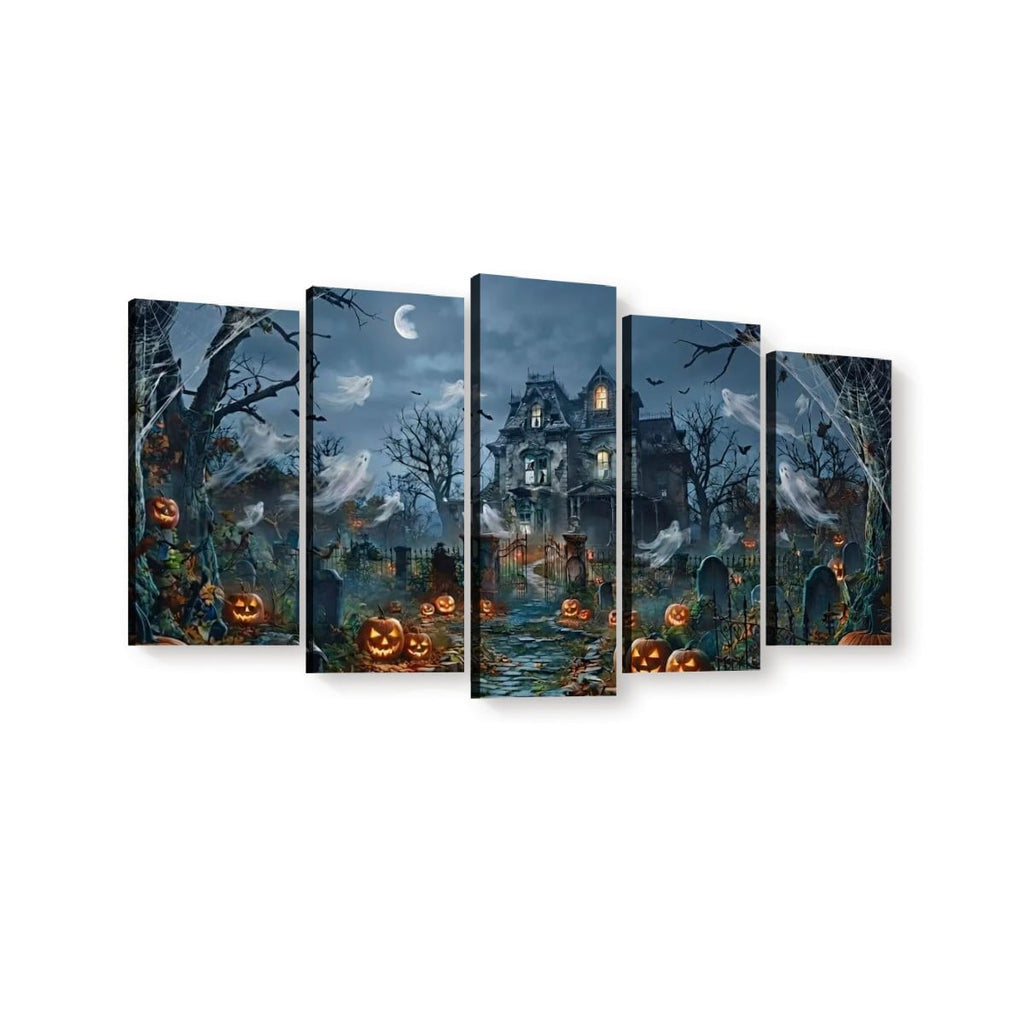 Halloween Haunted House Pumpkins & Moon — 5-Panel Level Canvas Wall Art