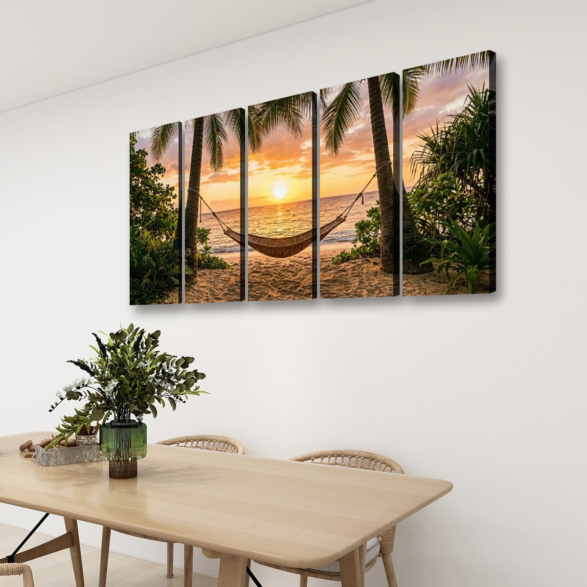 Hammock & Palm Trees Sunset Canvas Wall Art – Drift Into Sunset | 5-Panel Level Coastal Beach Print