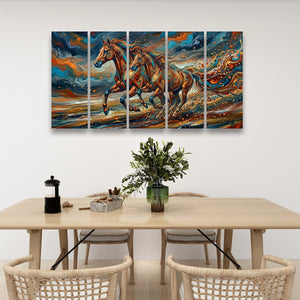 A five-panel canvas wall art set depicting a colorful, swirling painting of a galloping horse, displayed on a white wall above a modern wooden dining table with chairs.