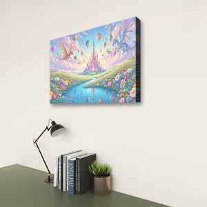 A colorful fantasy canvas wall art print hanging on a light beige wall above a desk with a black lamp, books, and a small potted plant. The artwork depicts a whimsical castle, river, flowers, and flying creatures in pastel tones.