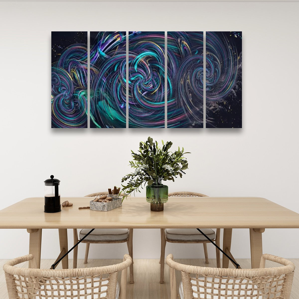 A five-panel canvas wall art set featuring an abstract cosmic swirl design in deep blue, teal, and purple tones, displayed on a white wall above a modern wooden dining table with chairs.