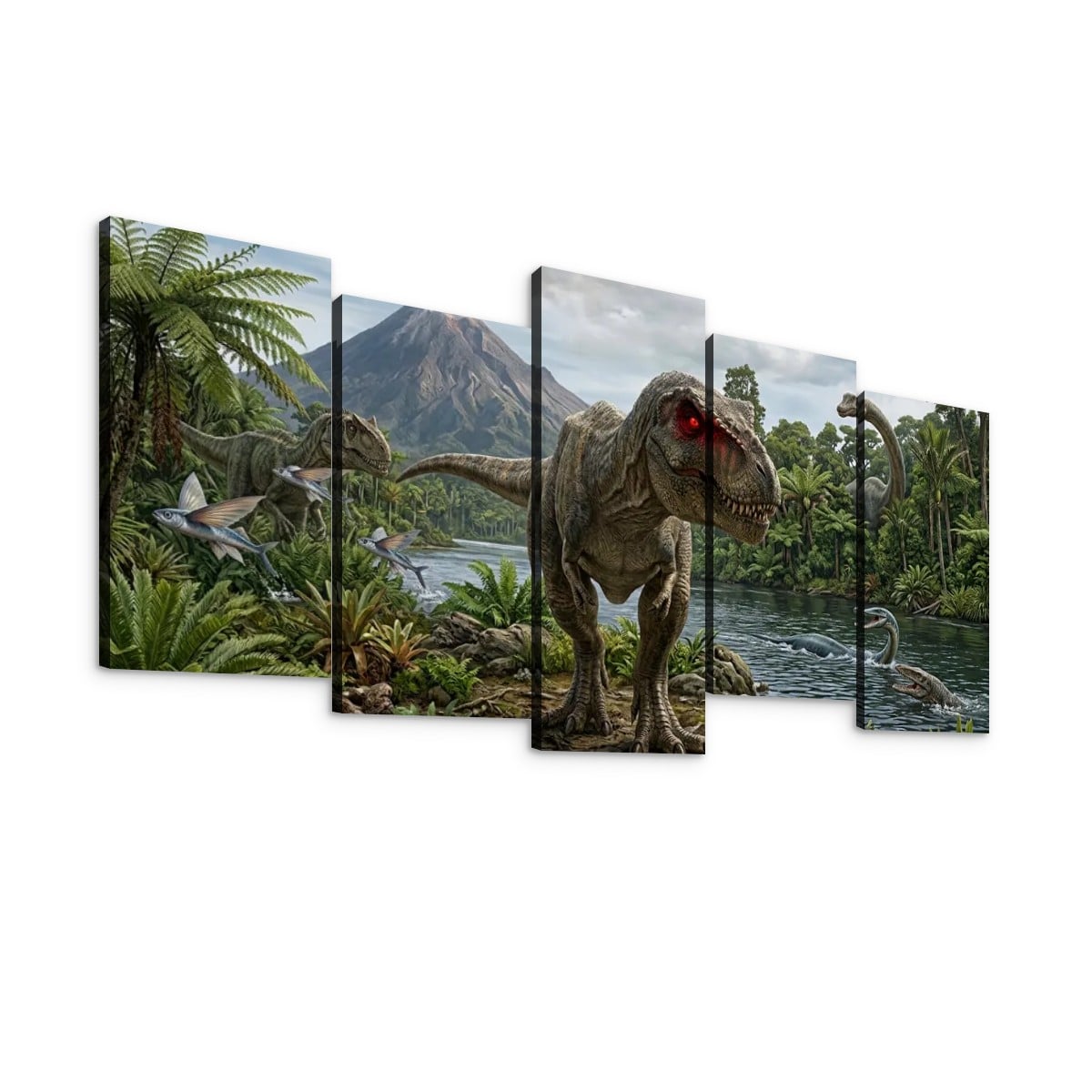T-Rex & Carnivores Canvas Wall Art – Prehistoric Fury Dinosaur Print | 1, 3 & 5 Panel Kids & Game Room