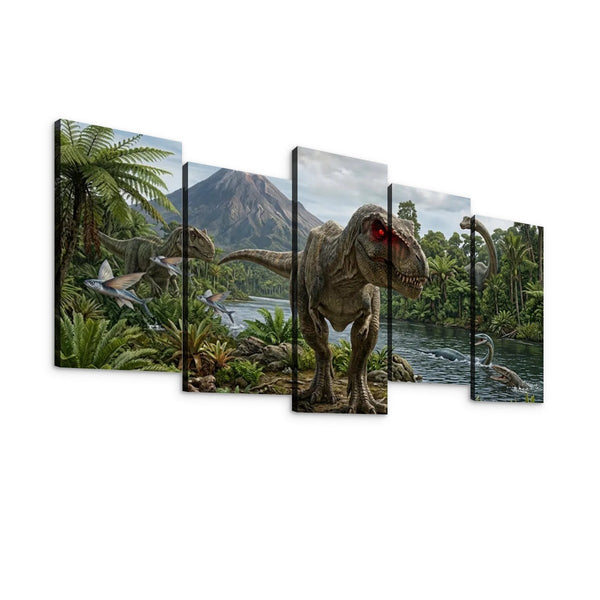 T-Rex & Carnivores Canvas Wall Art – Prehistoric Fury Dinosaur Print | 1, 3 & 5 Panel Kids & Game Room