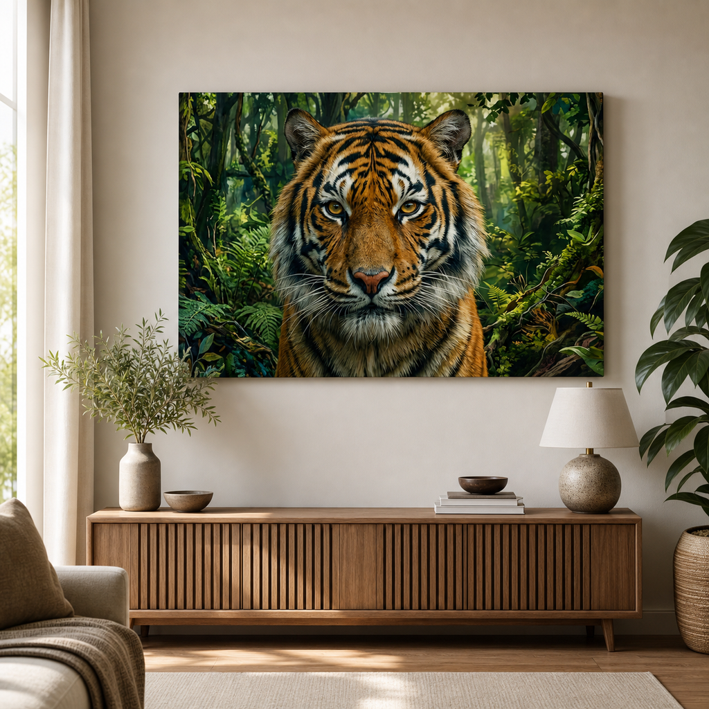 A large rectangular wall art print showing a close-up tiger face in a lush green jungle, displayed above a wooden console table in a styled living room interior.