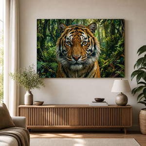 A large rectangular wall art print showing a close-up tiger face in a lush green jungle, displayed above a wooden console table in a styled living room interior.