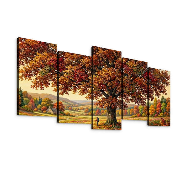 A five-panel canvas wall art set depicting a large autumn tree with red, orange, and yellow foliage over a pastoral landscape with rolling hills and distant mountains.