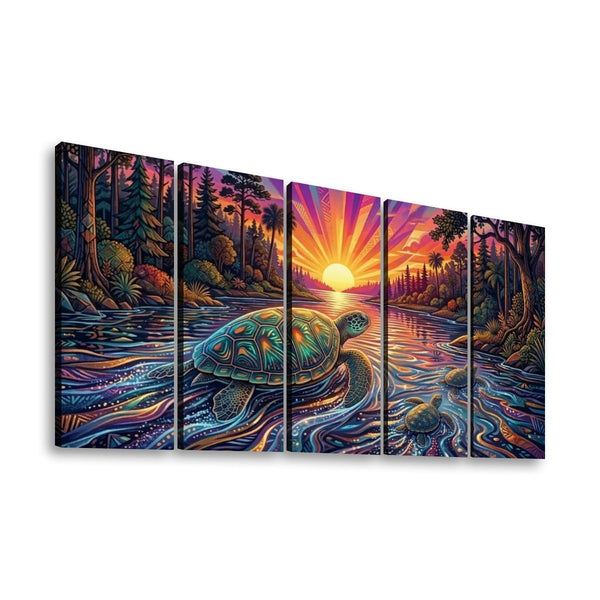 A five-panel canvas wall art set depicting a colorful fantasy forest scene with a turtle in flowing water at sunset, shown against a plain white background.