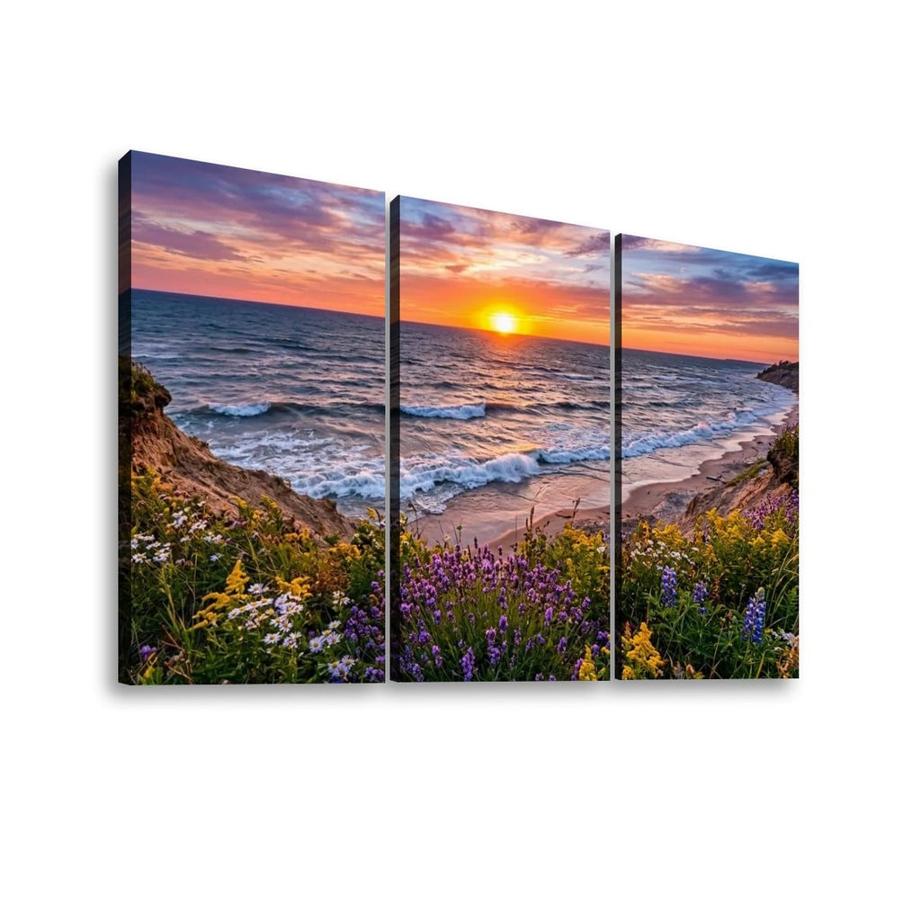 Lake Michigan Bluff at Sunset with Lavender Flowers  – 1, 3, 5-Panel Split Canvas Wall Art