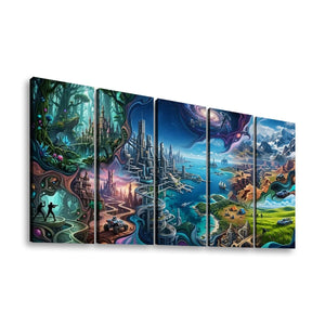A five-panel canvas wall art set displaying a vibrant, fantastical landscape with futuristic cities, glowing forests, waterways, and dramatic sky, shown against a plain white background.