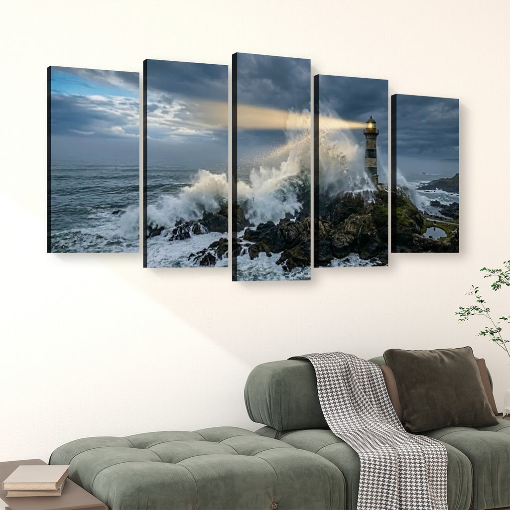 Stormy Lighthouse Canvas Wall Art – Dramatic Coastal Storm Scene | 1, 3 & 5 Panel Home Décor Print