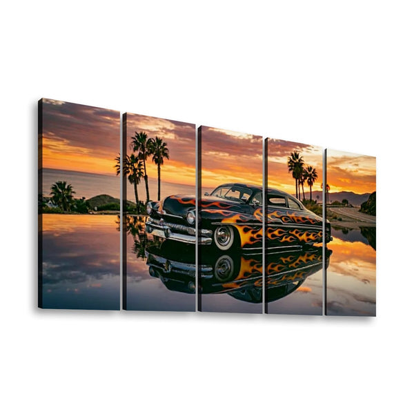 A four-panel canvas wall art print showing a classic Mercury Sled car with a flame pattern reflected in water at sunset, with palm trees and a beach scene in the background.
