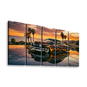 A four-panel canvas wall art print showing a classic Mercury Sled car with a flame pattern reflected in water at sunset, with palm trees and a beach scene in the background.