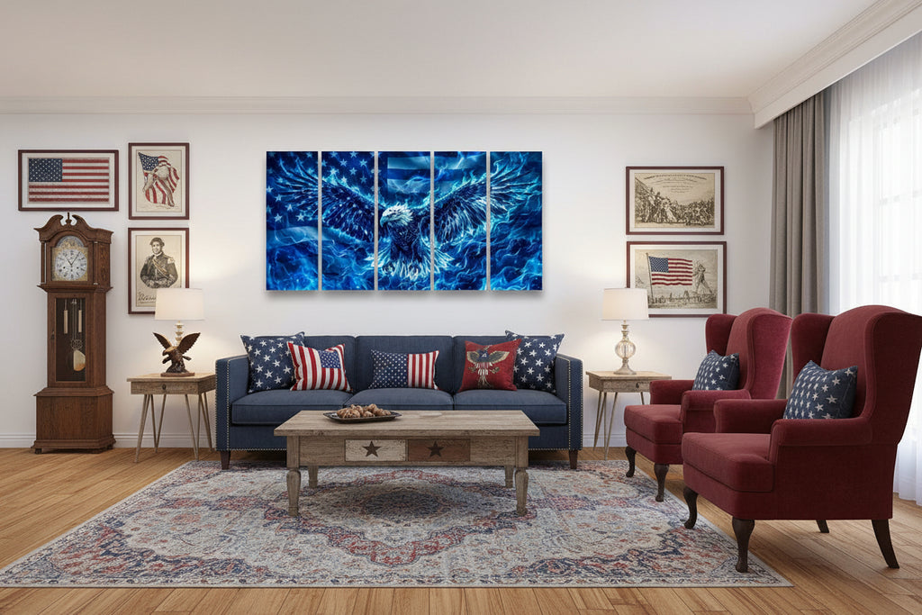 A 5-panel canvas wall art set depicting a glowing blue eagle over an American flag.