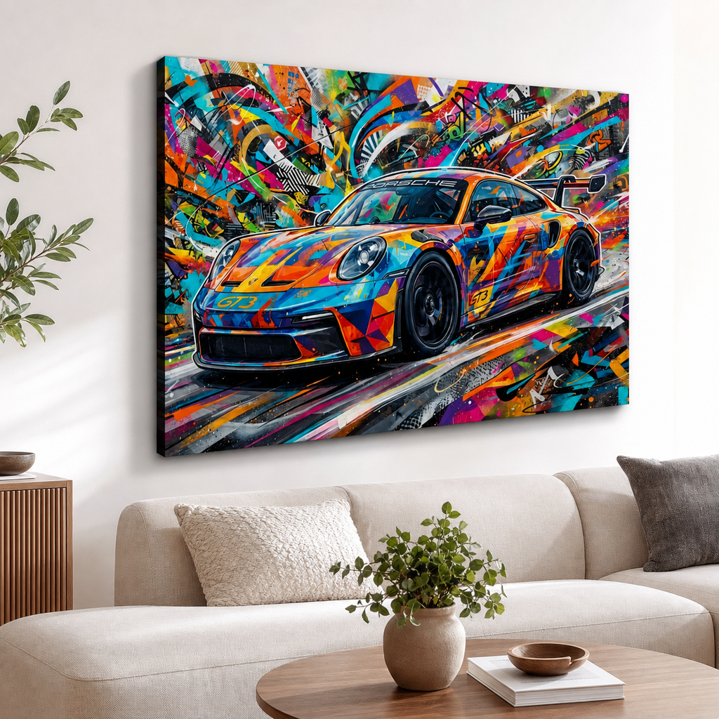 A colorful canvas wall art print depicting a  911 GT3 sports car in an abstract graffiti-style design, displayed above a beige sofa in a modern living room setting.