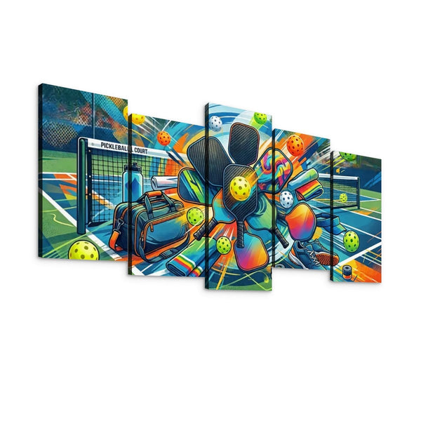 A 5-panel canvas wall art set featuring a vibrant, colorful graffiti-style illustration of a pickleball game on a court, complete with a paddle, balls, and a bag, shown against a plain white background.