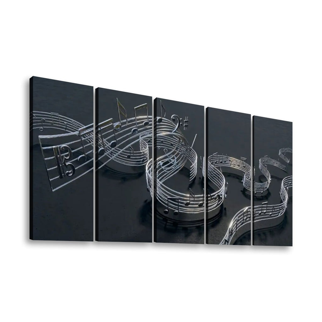 Chrome Musical Notes & Ribbon Split Canvas Panel Wall Art Decor