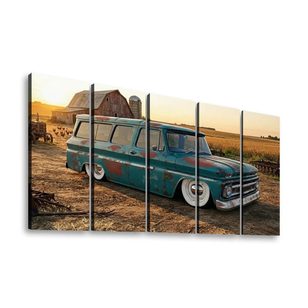 A five-panel canvas wall art print depicting a vintage teal 1966 Chevy Suburban Carryall pickup station wagon parked in a rural field at sunset, with a barn and tractor in the background.