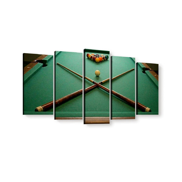A five-panel canvas wall art set depicting a green pool table with crossed pool sticks, a white cue ball, and a triangle of colored billiard balls, shown against a plain white background.