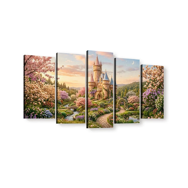 A five-panel canvas wall art set depicting a whimsical fairytale castle surrounded by blooming cherry blossom trees, a winding stream, and a soft sunset sky.