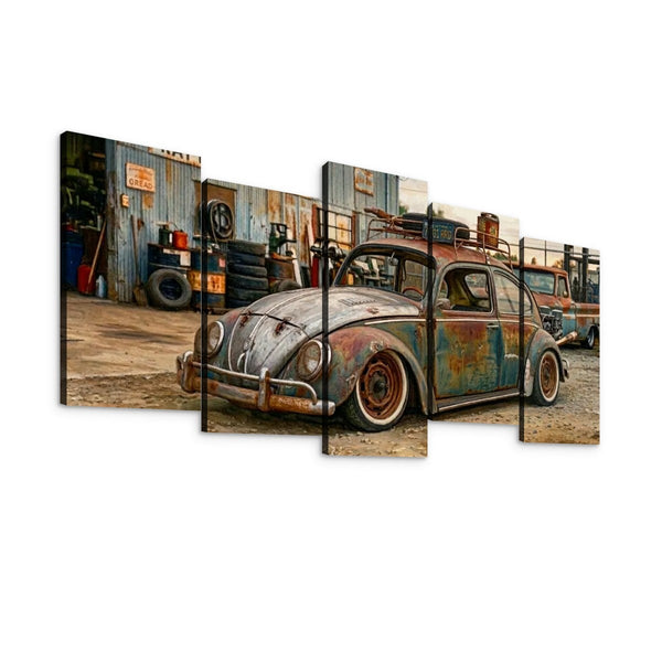 A multi-panel canvas wall art print depicting a weathered, rusted vintage Volkswagen Beetle in a rustic garage setting, shown against a plain white background.