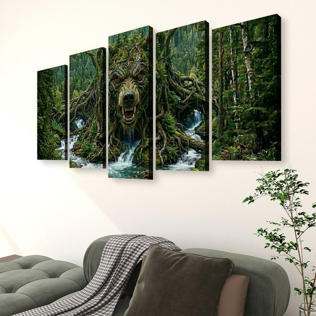 A five-panel canvas wall art set depicting a forest scene with a wolf-headed tree and waterfalls, displayed above a gray sofa in a living room setting.