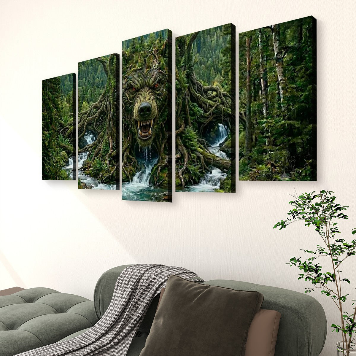 A five-panel canvas wall art set depicting a forest scene with a wolf-headed tree and waterfalls, displayed above a gray sofa in a living room setting.
