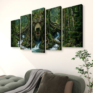 A five-panel canvas wall art set depicting a forest scene with a wolf-headed tree and waterfalls, displayed above a gray sofa in a living room setting.