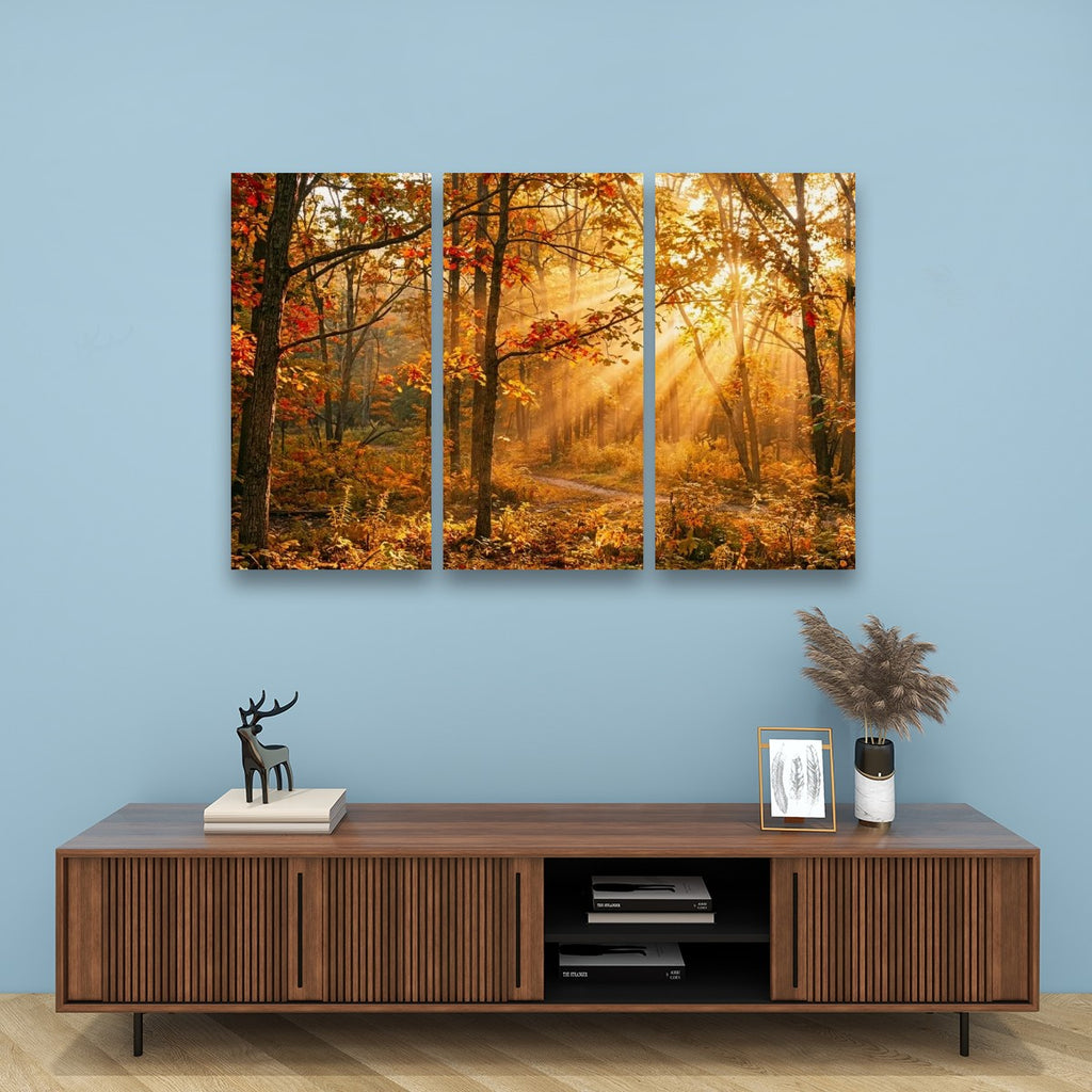 Autumn Forest Fall Sun Rays Canvas Panel Wall Art Living Bed Room Print