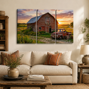 Ford F1 Pickup at Golden Hour — Rustic Bar & Sunset Canvas Wall Art