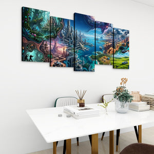 A 5-panel canvas wall art set depicting a vibrant fantasy landscape with futuristic cities, lush forests, and flying vehicles, displayed on a white wall above a modern dining table.