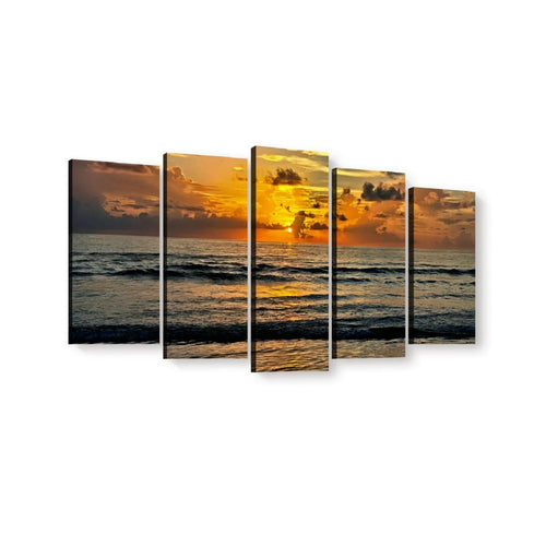 A five-panel canvas wall art set depicting a dramatic Indian Rocks Beach sunset, shown against a plain white background.